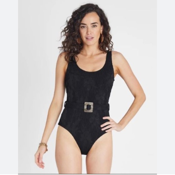 New Aqua Blu  Black Textured One-Piece Swimsuit with Decorative Buckle size 12 - Picture 2 of 12